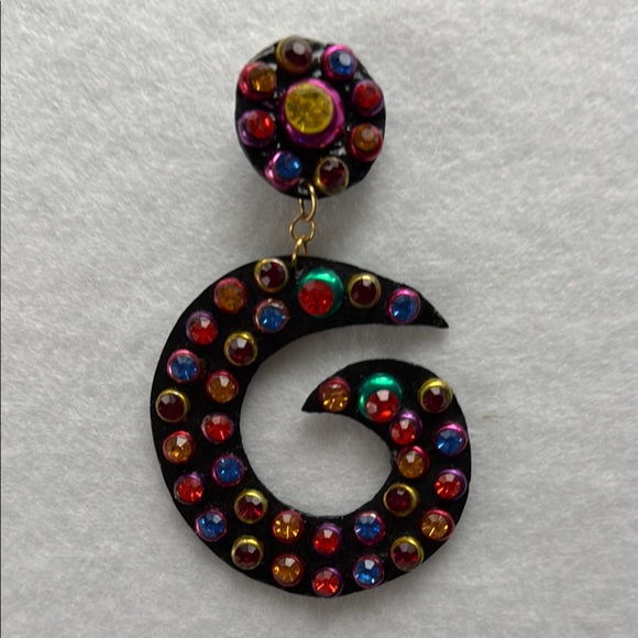 Vintage Patent Leather Rhinestone Multicolor Statement Clip on Dangle Earrings - Picture 3 of 6